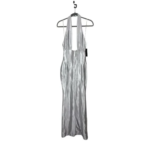 Retrofete Charity Gown Maxi Halter Party Formal Gala Prom Classy Guest Silver S